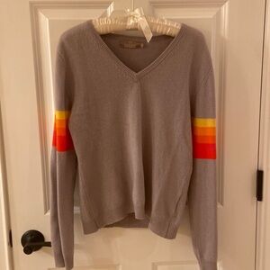 Brodie V-neck cashmere sweater. Size S. Grey with rainbow detail.